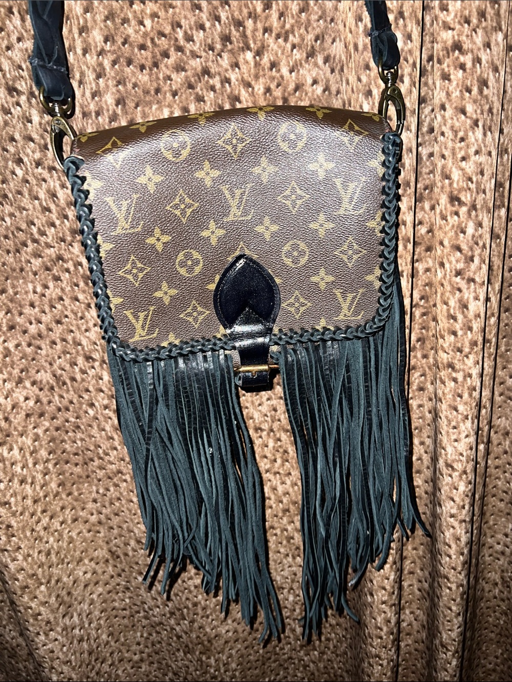 Vintage Boho Bags Louis Vuitton Brown Monogram Fringe Crossbody Bag Black